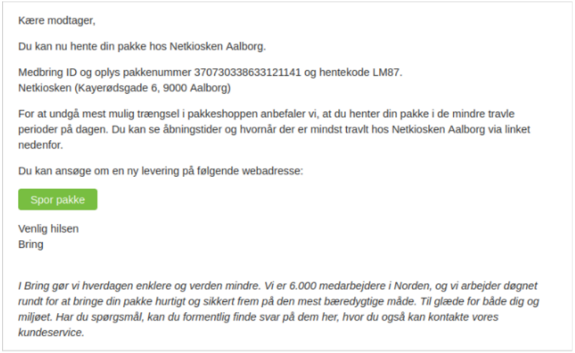 Phishing message written in Danish