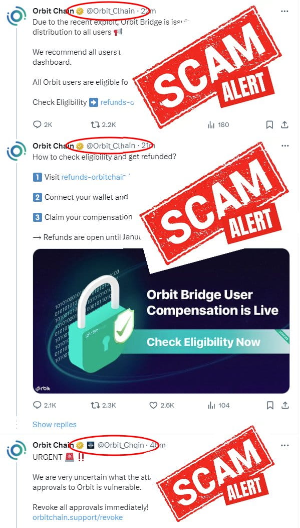Fake Orbit Chain accounts on X promoting drainers