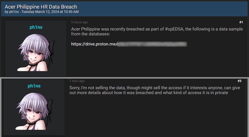 Threat actor's posts on BreachForums