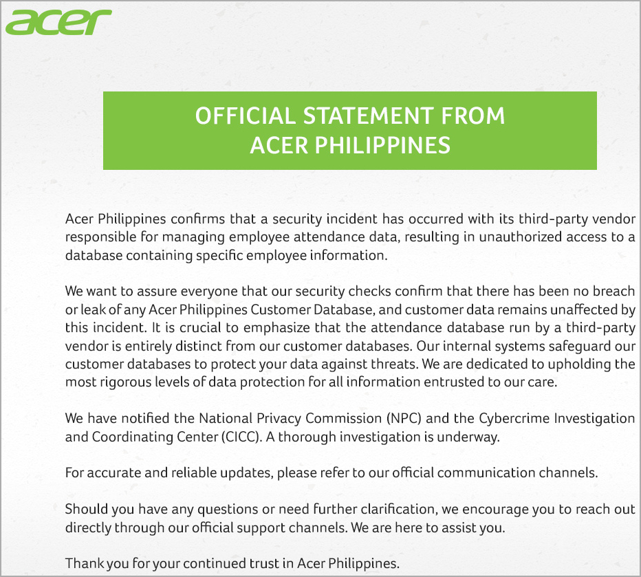Acer's full statement