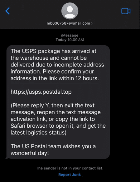 Mensaje de phishing enviado a través de iMessage