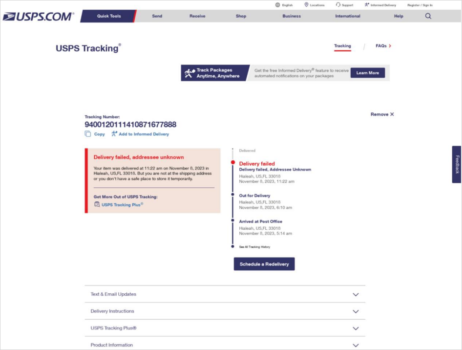 Phishing USPS site providing fake tracking info