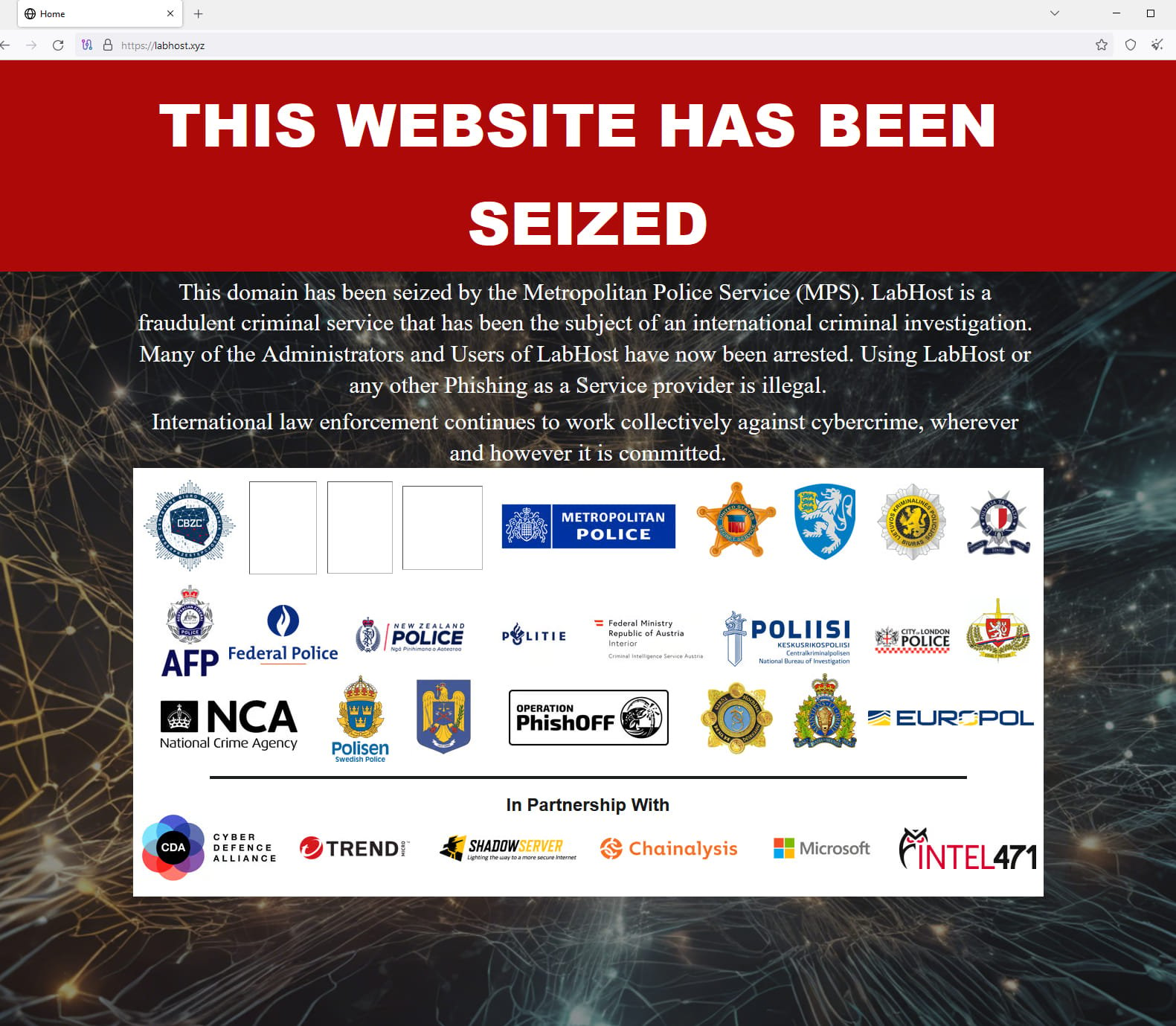Seizure banner on LabHost's main page