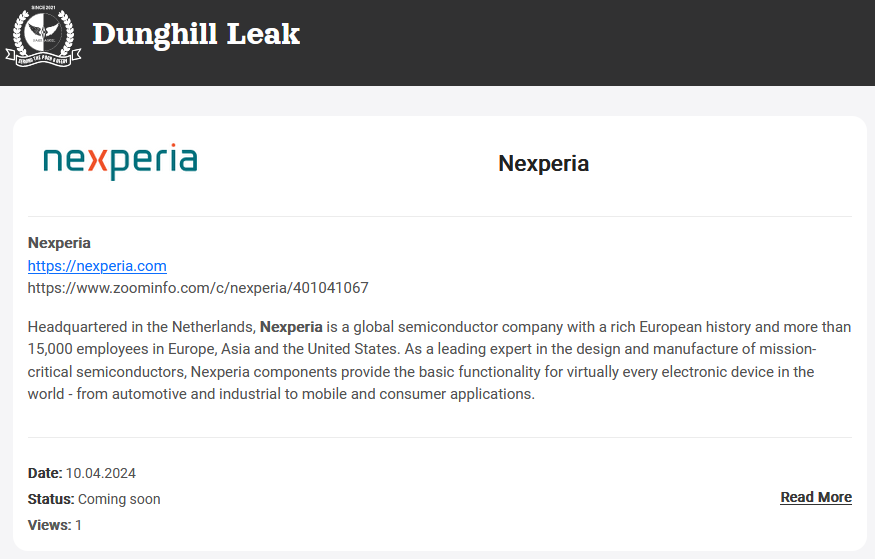 Nexperia added to the Dunghill Leak extortion site