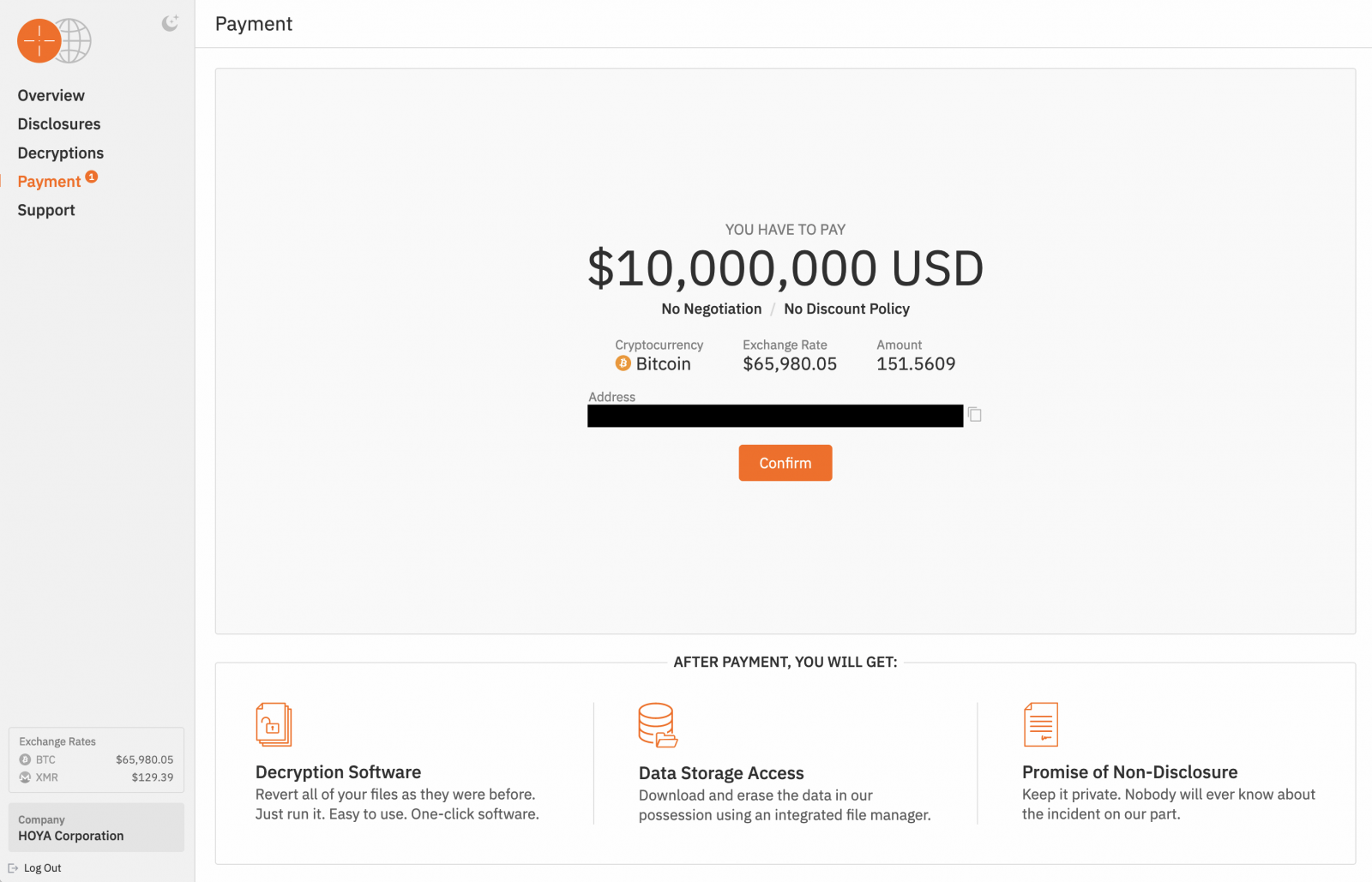 Ransom amount demanded by Hoya