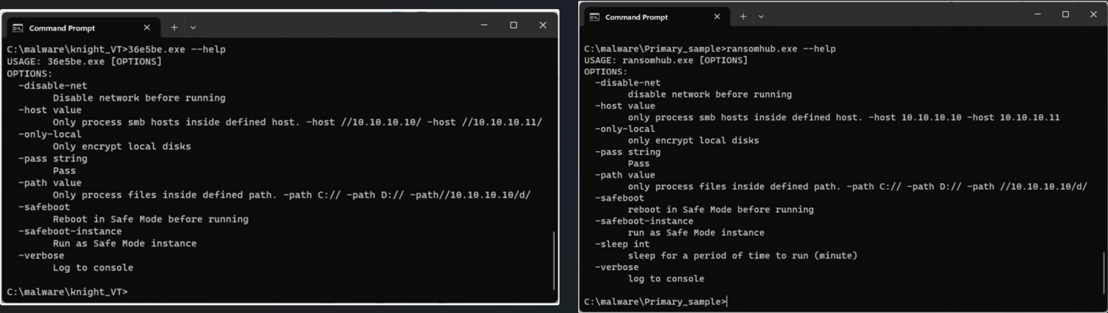 RansomHub extortion gang linked to now-defunct Knight ransomware 2 Comparison of command-line help menus, Knight (left), RansomHub (right)