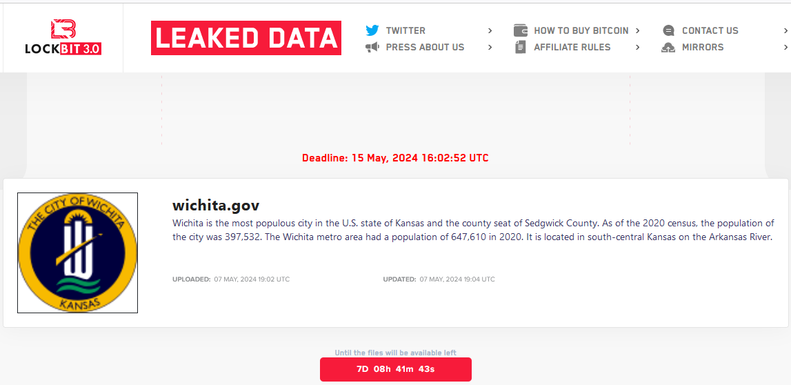 Wichita listed on the LockBit ransomware data leak site
