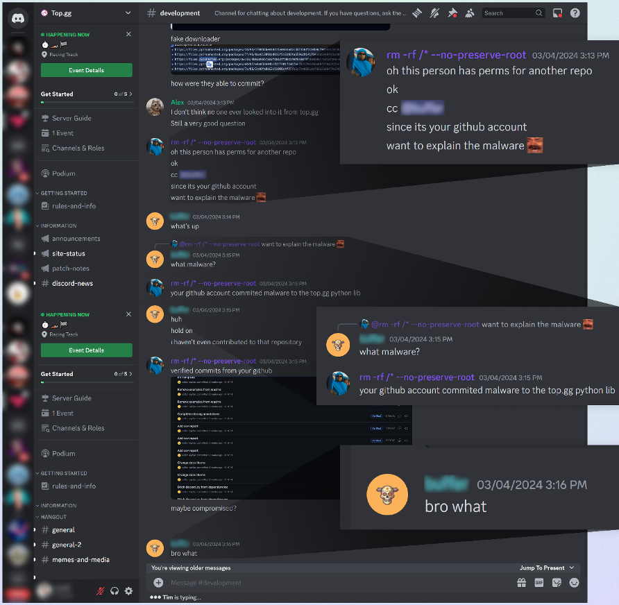 Discord discussion about the hacked account