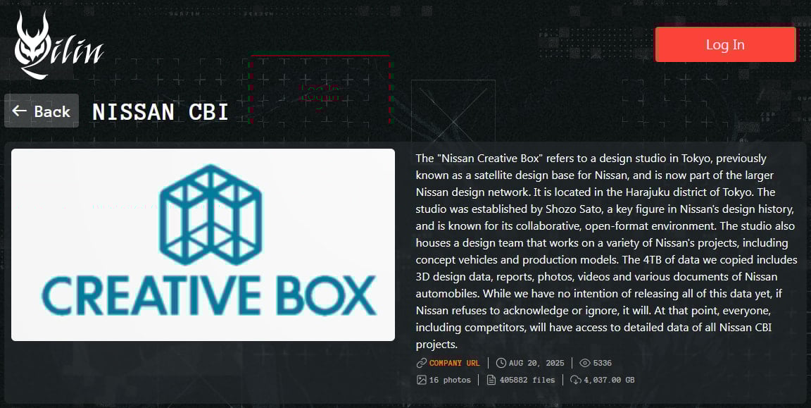 Nissan confirms design studio data breach claimed by Qilin ransomware 2 Nissan CBI listed on the Qilin extortion portal