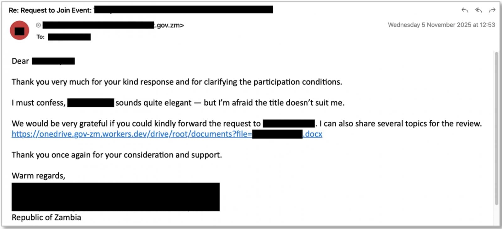 Malicious email that follows prior inoccuous interaction