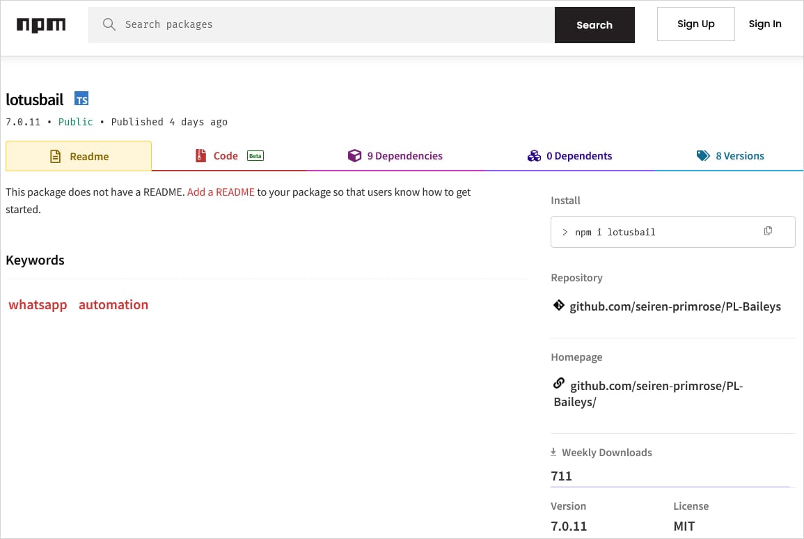 The lotusbail package on NPM