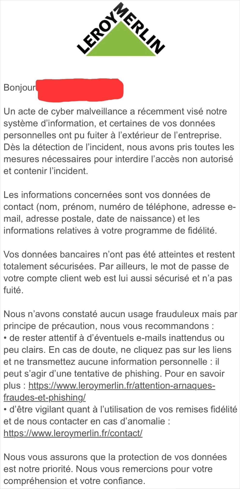 French DIY retail giant Leroy Merlin discloses a data breach 2 Leroy notice