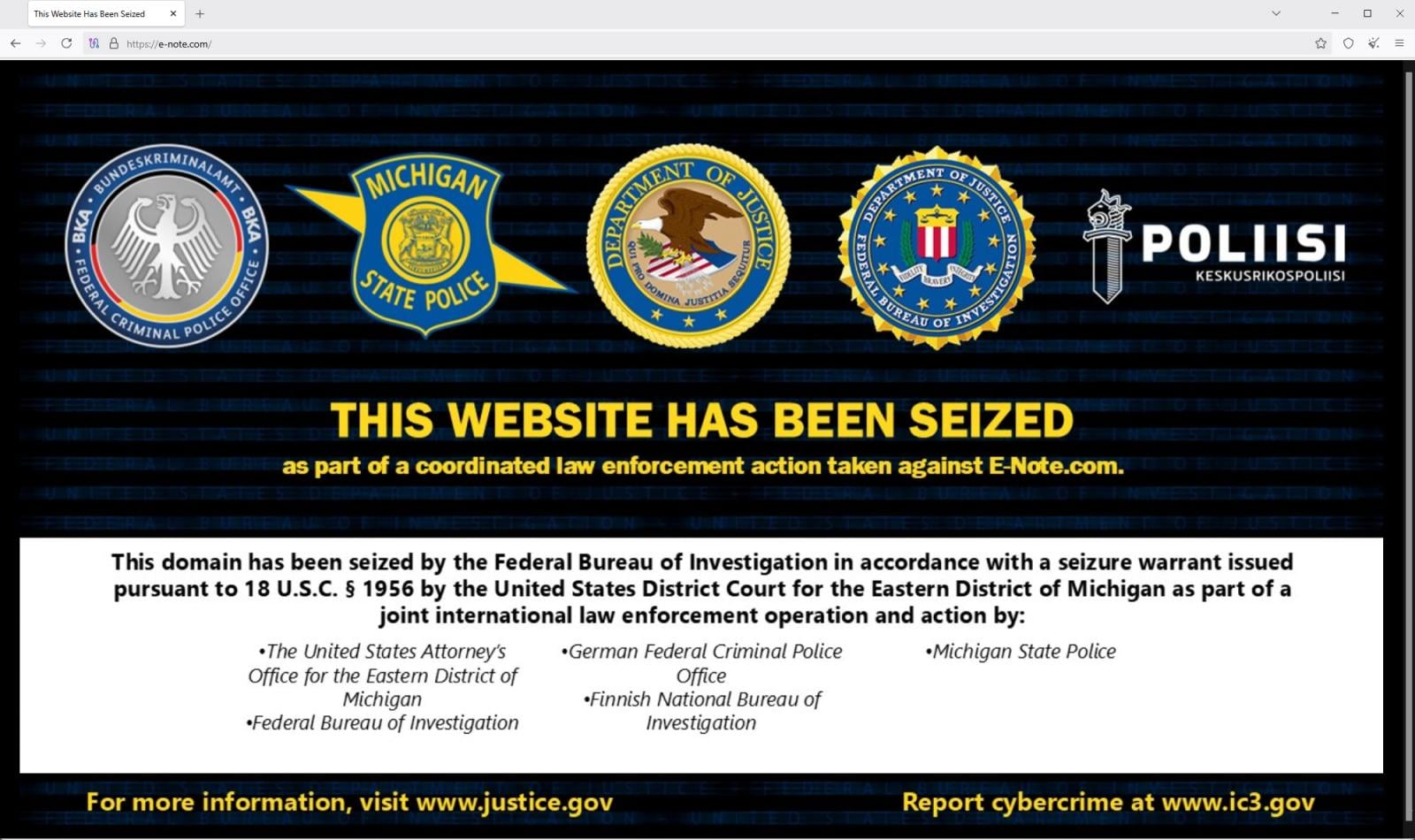 US seizes E-Note crypto exchange for laundering ransomware payments 3 Seizure notice