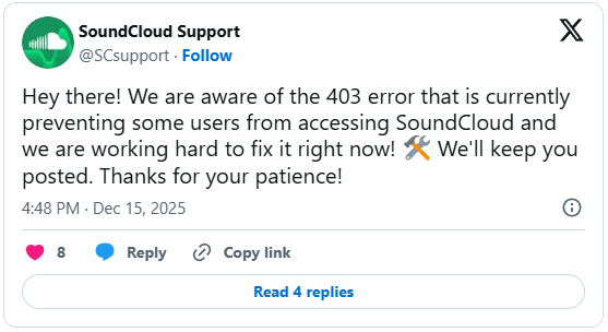 Ongoing SoundCloud issue blocks VPN users with 403 server error 3 Tweet