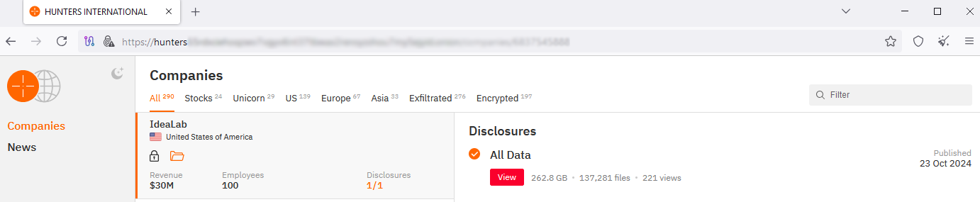 IdeaLab's data leaked on the Hunters International website