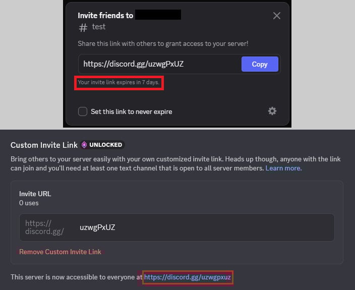 Example invite (top) and hijacking it in a new channel (bottom)