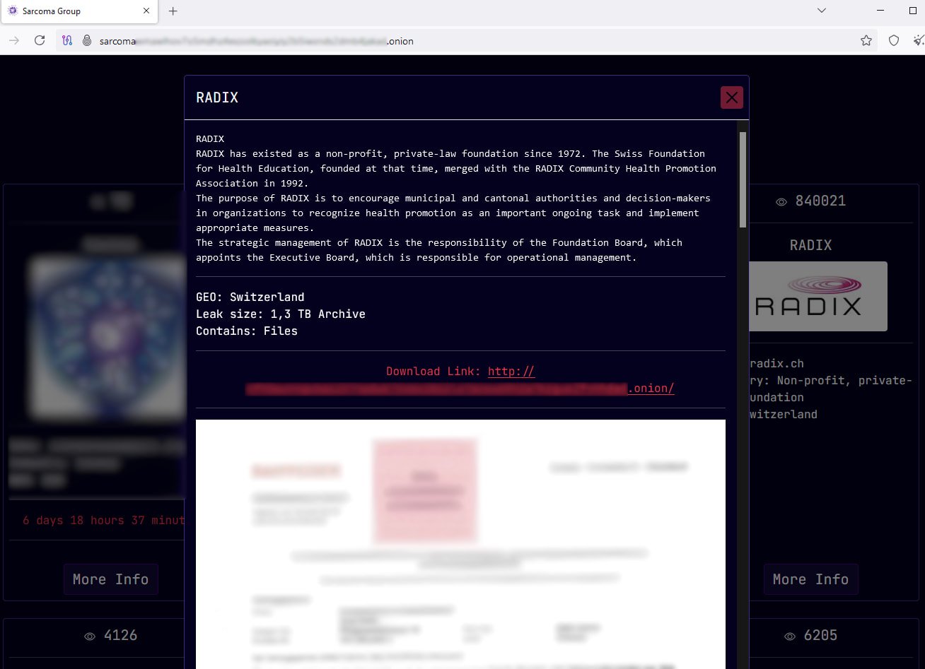 Switzerland says government data stolen in ransomware attack 2 Radix data exposed on Sarcoma's dark web portal