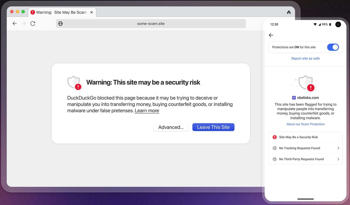 DuckDuckGo's Scam Blocker warning on the desktop and on mobile