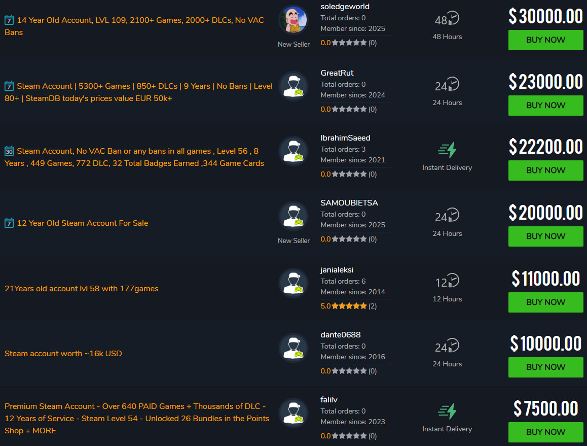 Steam accounts for sale on playerauctions[.]com