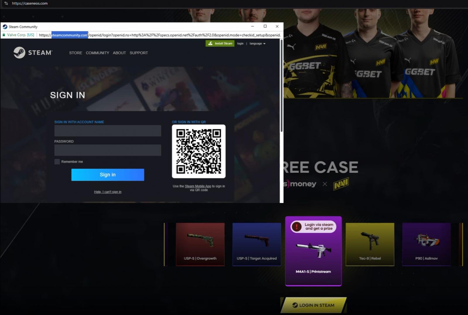 Fake Steam login popup on the phishing page