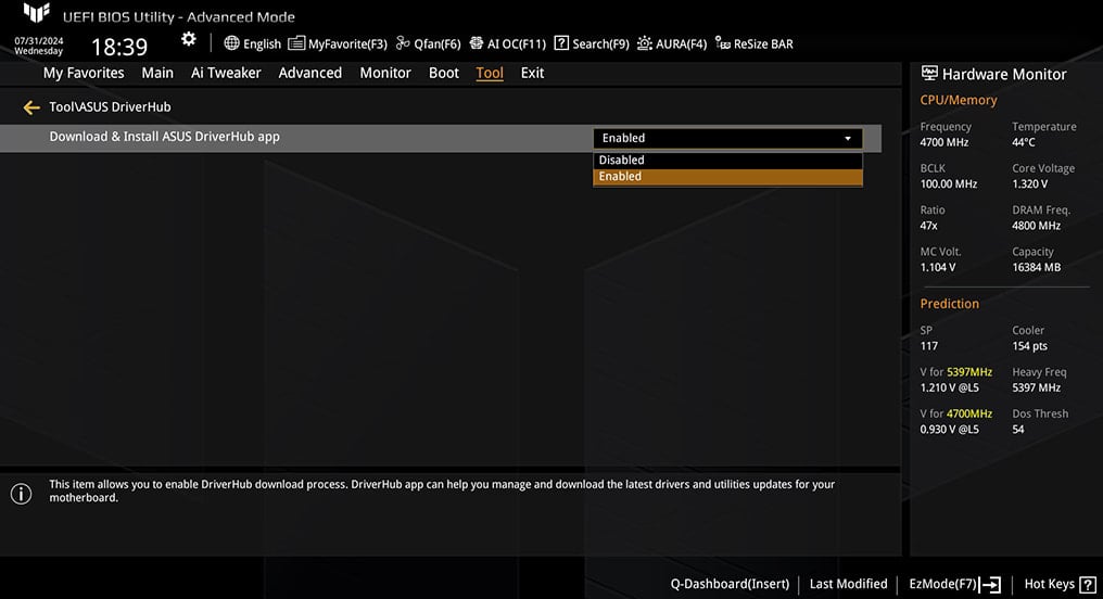 The BIOS setting concerning DriverHub (Active by default)