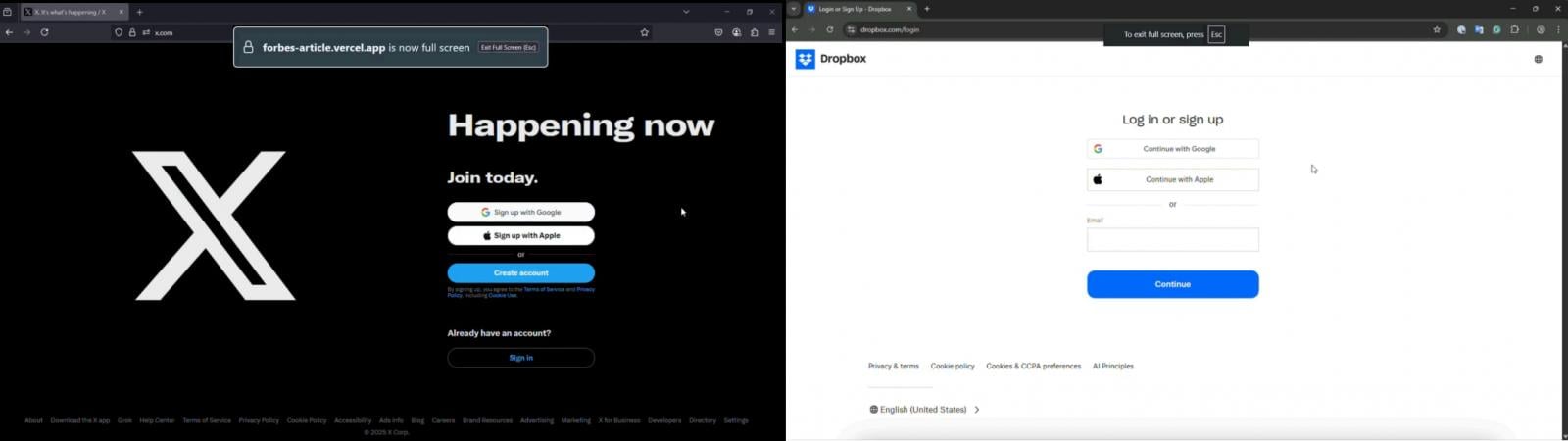 Firefox (solda) ve Chrome'da (sağda) uyarı mesajı
