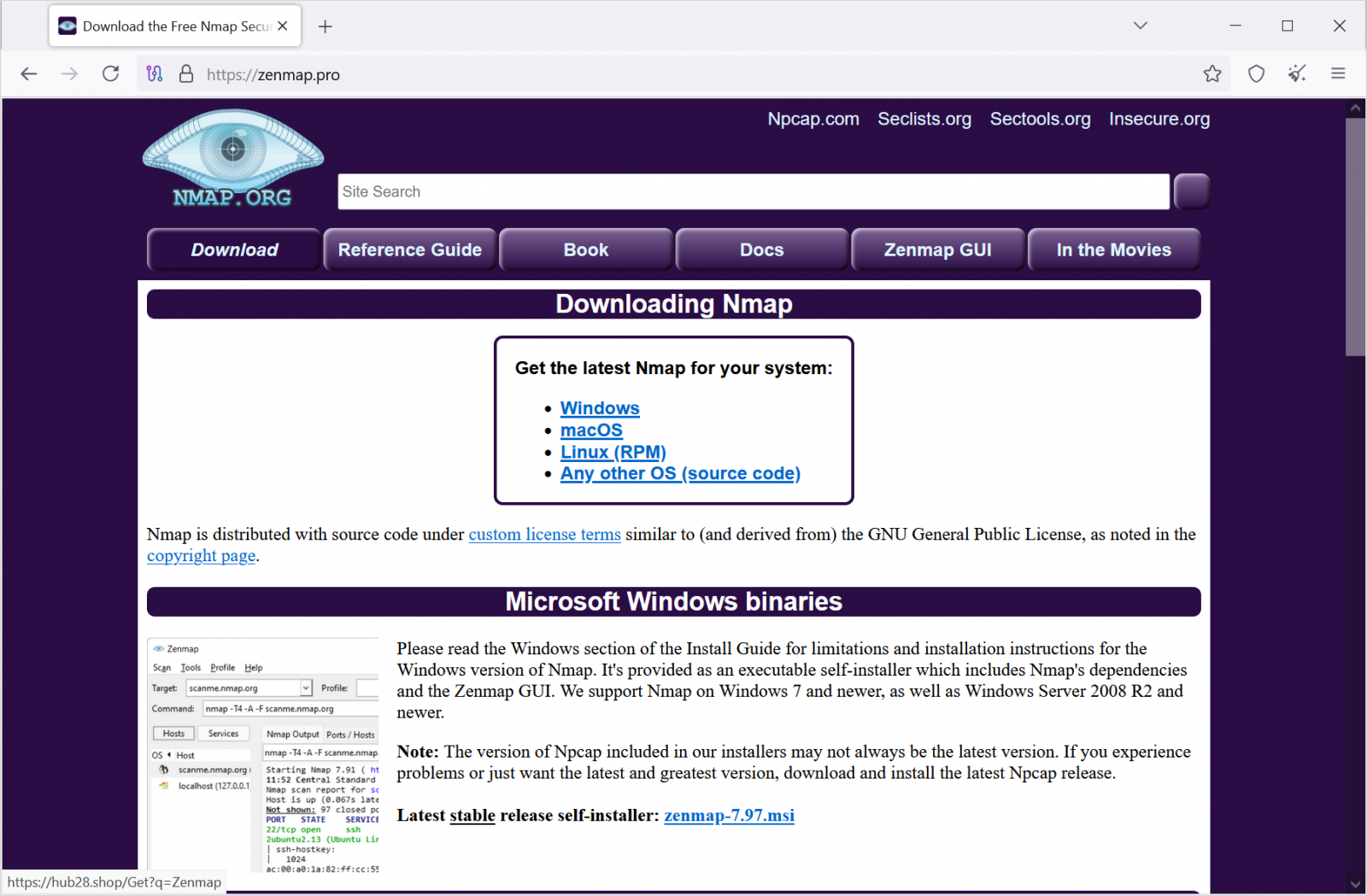 Fake nmap website delivering Bumblebee payloads