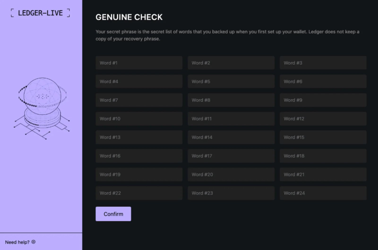 Seed phrase phishing page