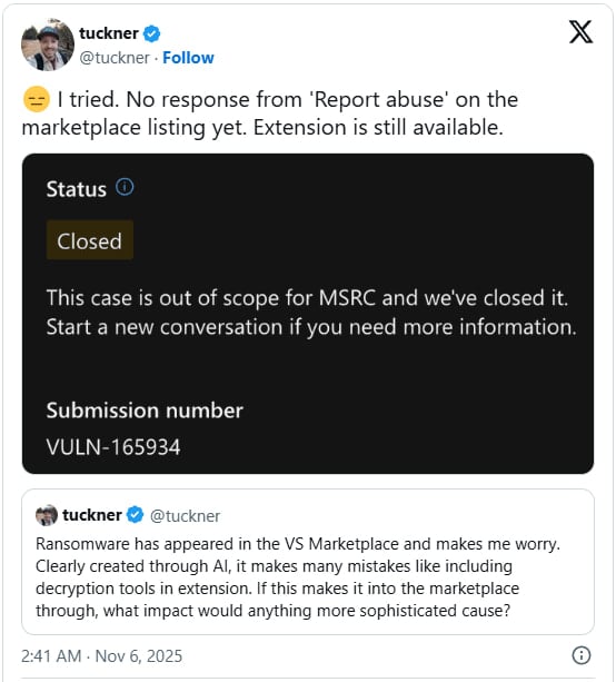 AI-Slop ransomware test sneaks on to VS Code marketplace 3 Tweet
