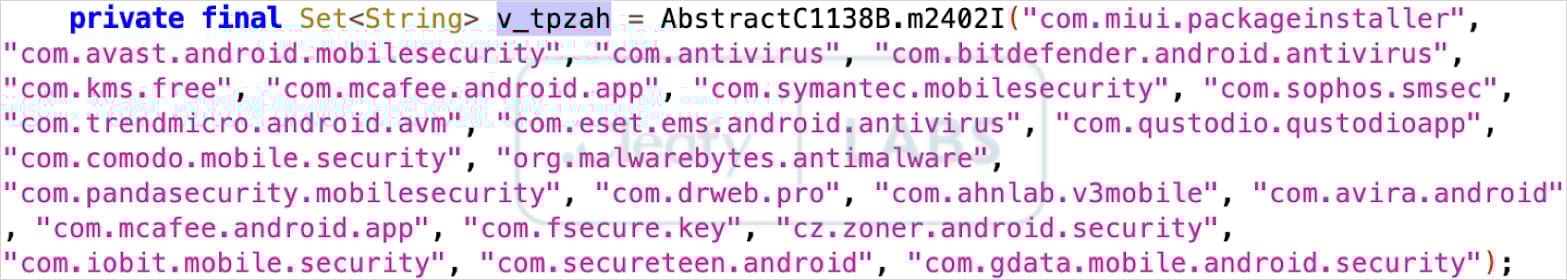 Hardcoded list of AV products the malware attempts to disable
