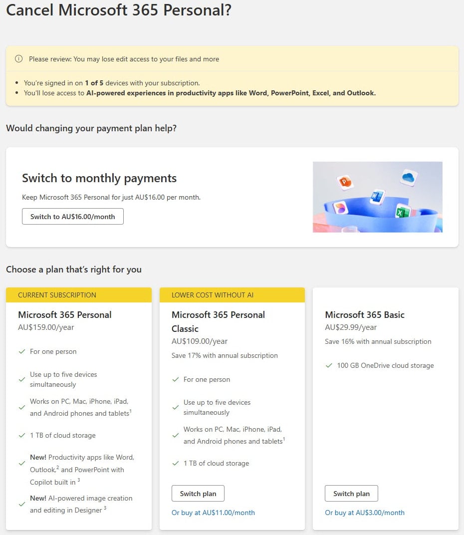 Mevcut tüm seçenekleri gösteren iptal adımı