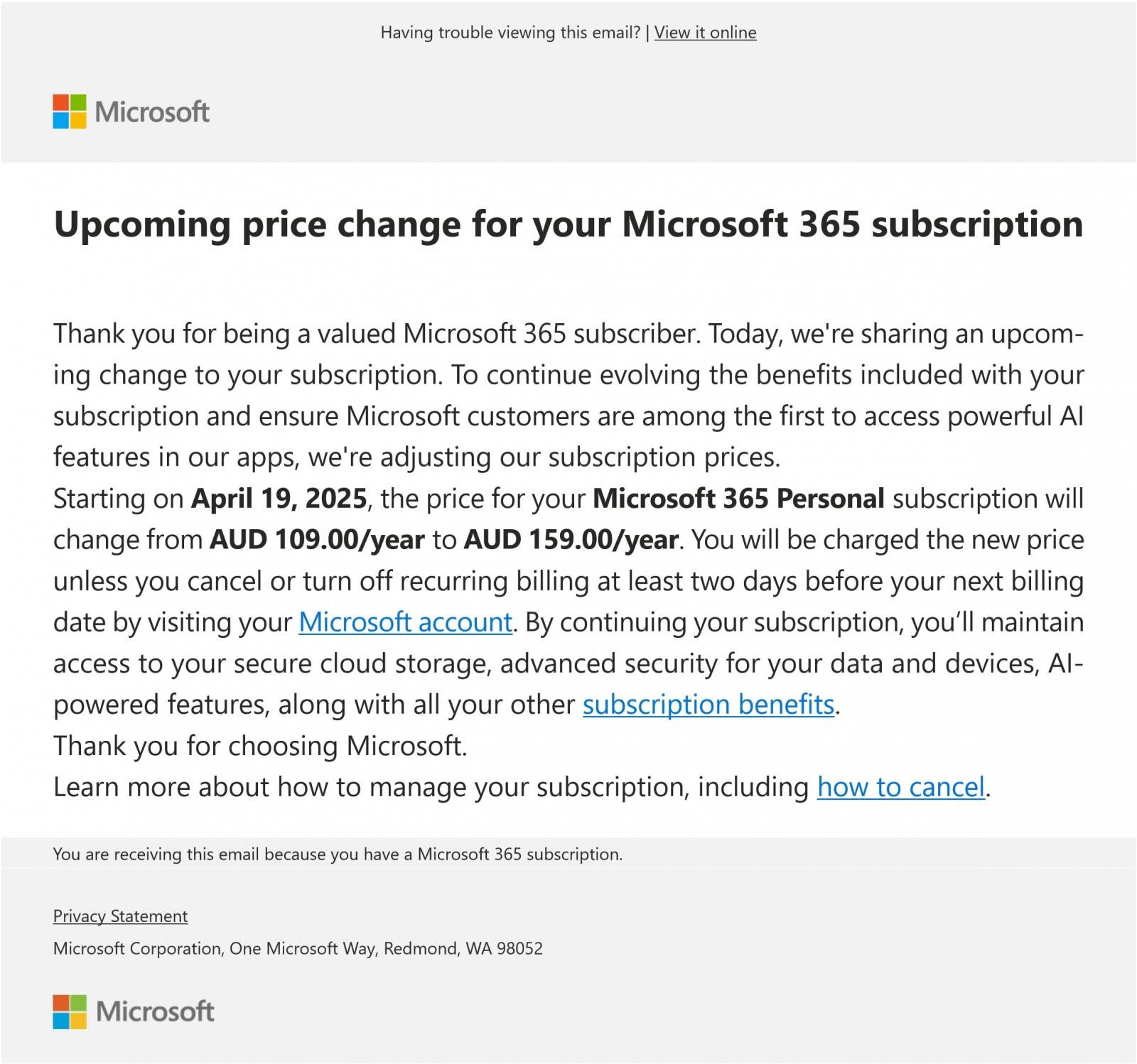 Microsoft'un mevcut abonelere gönderdiği e-posta