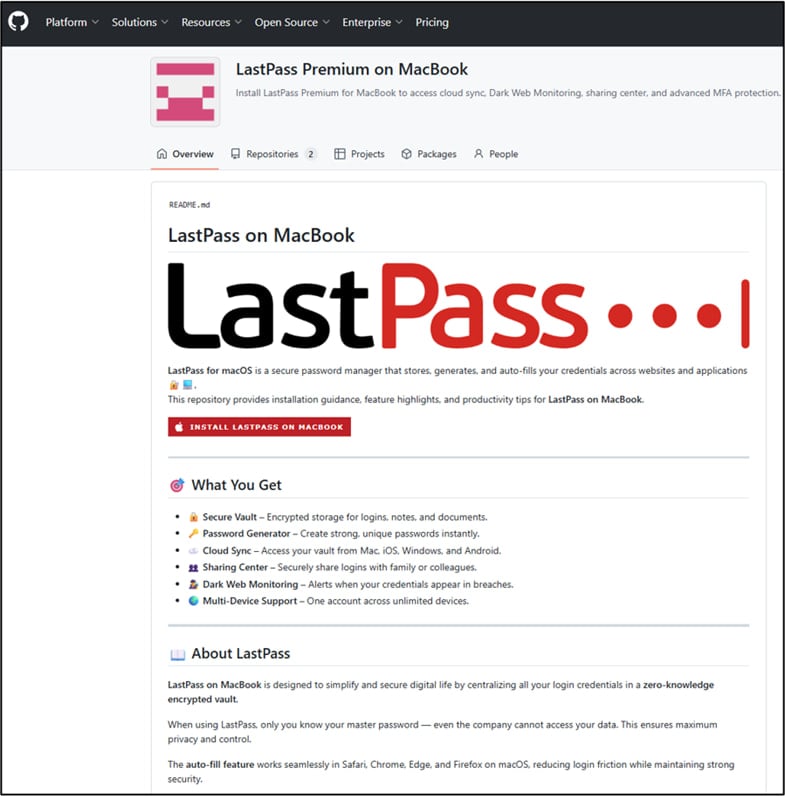 The unofficial GitHub repository claiming affiliation with LastPass