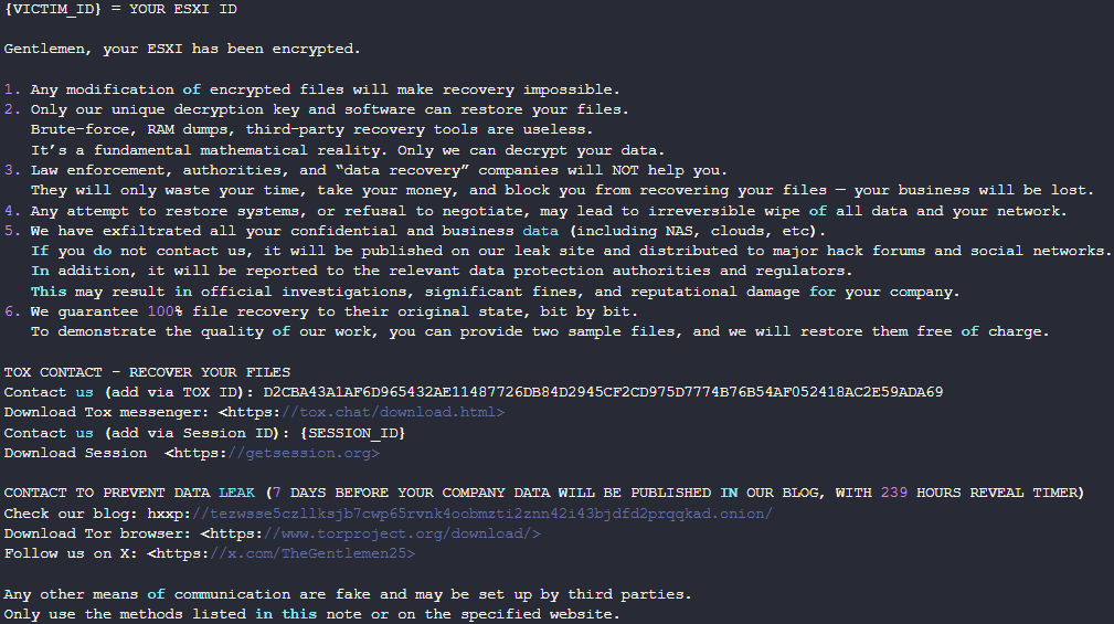 ESXiバリアントの身代金メモ