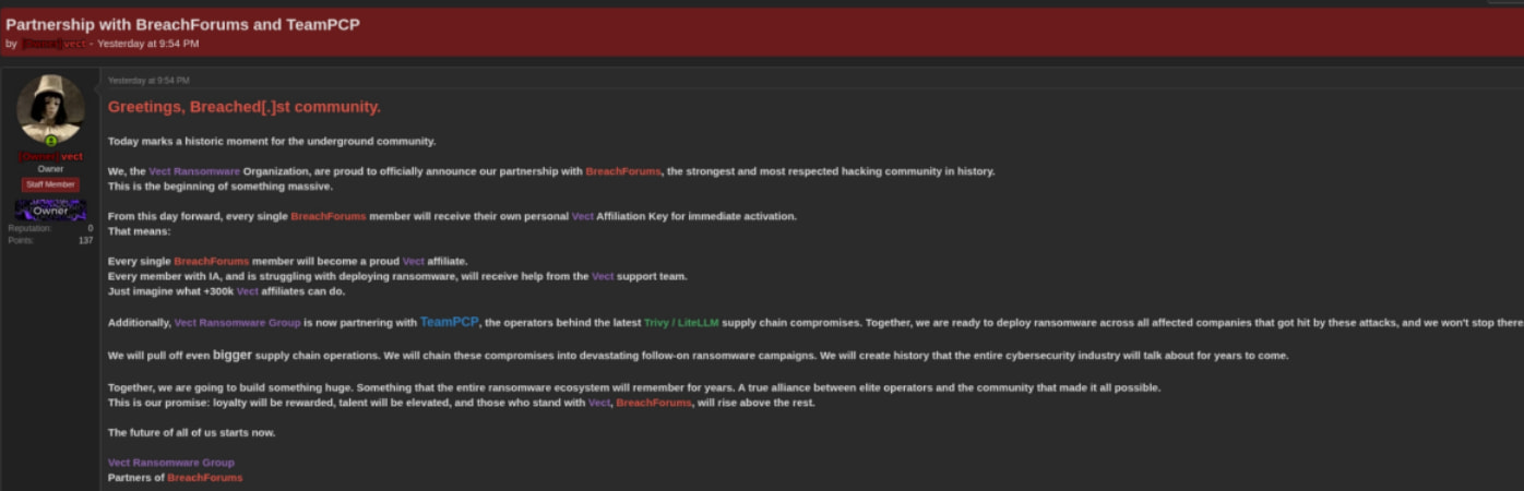 VECT operators' post on BreachForums