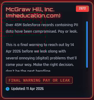 McGraw Hill entry on ShinyHunters' extortion portal