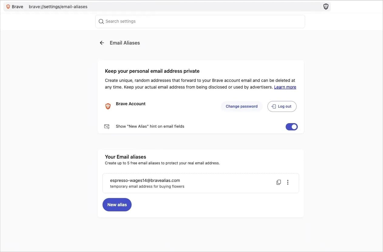 Managing aliases from the Brave Account page