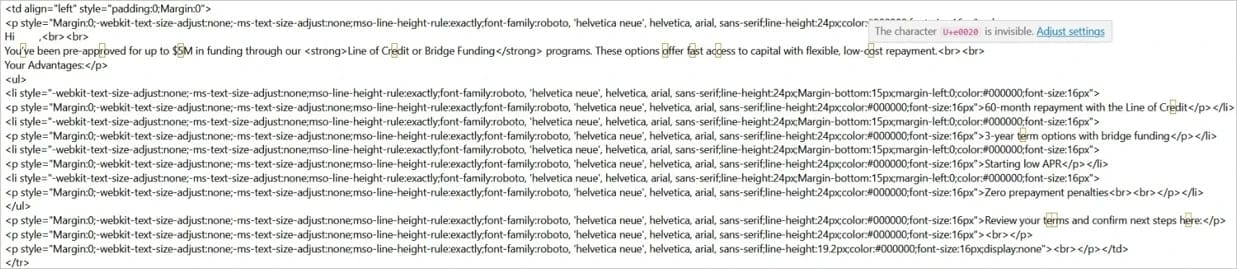 Invisible Unicode characters hidden in phishing email text
