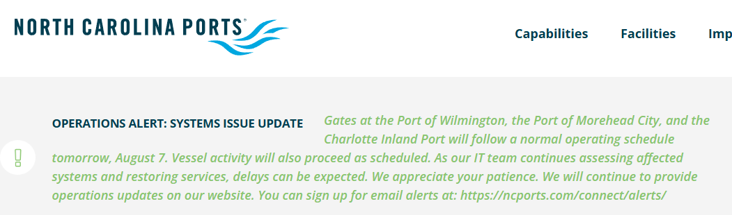 Latest notice on the port's website