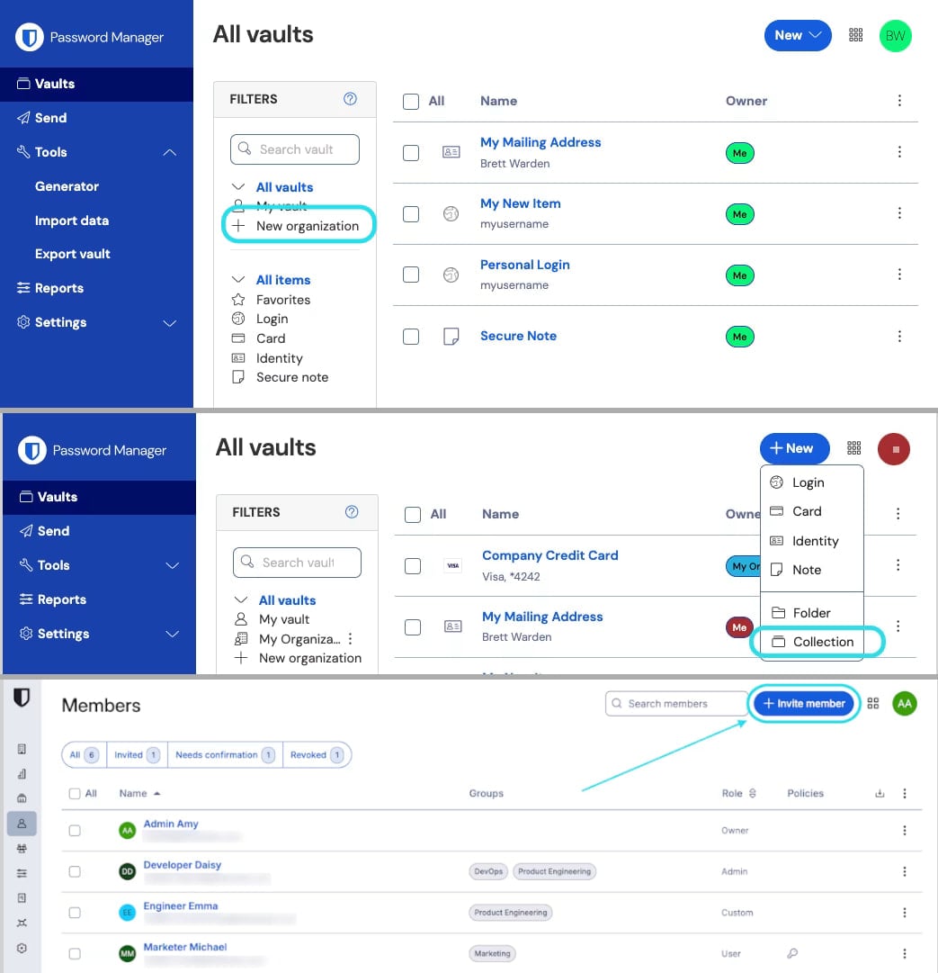 Creating a new Organization (top), setting a Collection (mid), and inviting a user (bottom)