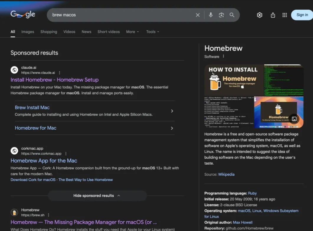 Malicious HomeBrew search results