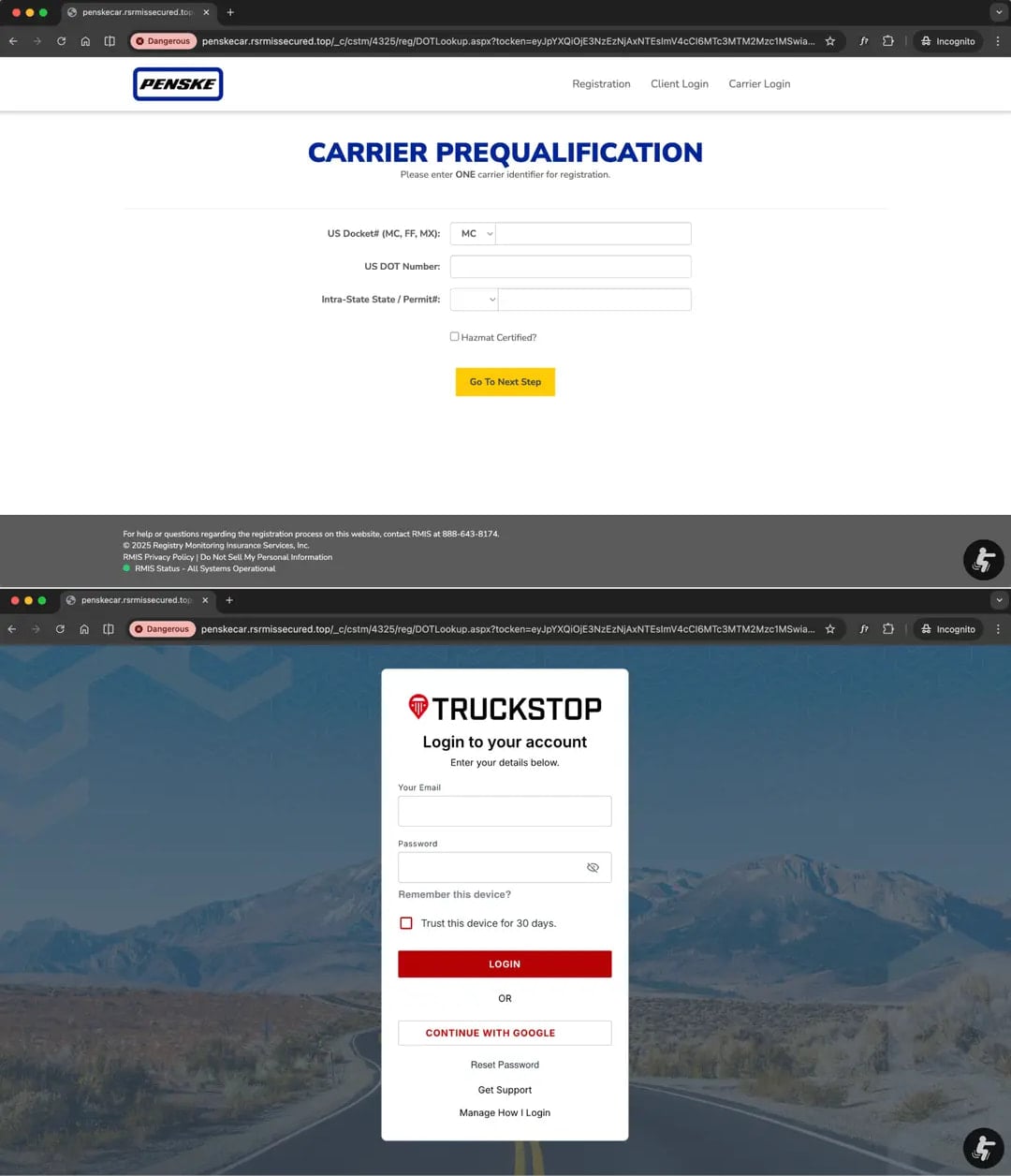 Two phishing pages used in the same attack string