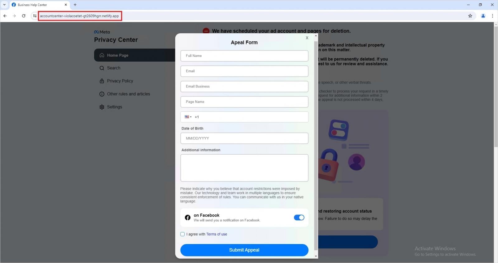 Fake appeal form hosted on legitimate cloud infrastructure