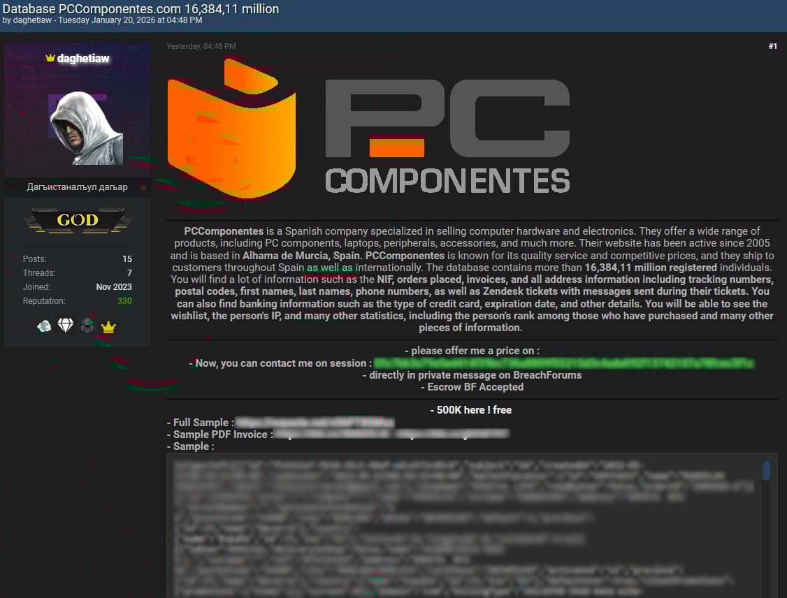 Online retailer PcComponentes says data breach claims are fake 4 PcComponents data leak on hacker forums