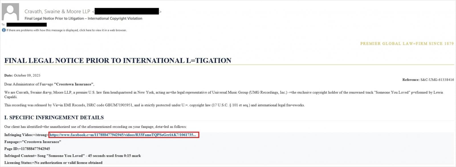 Sample of an email used in the phishing attacks