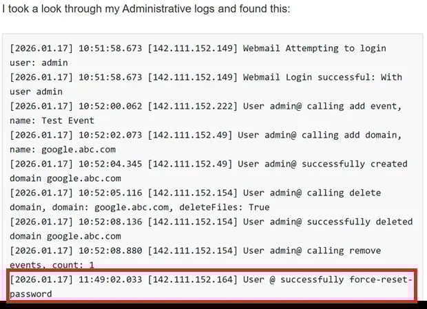 SmarterMail auth bypass flaw now exploited to hijack admin accounts 4 Logs indicating active exploitation