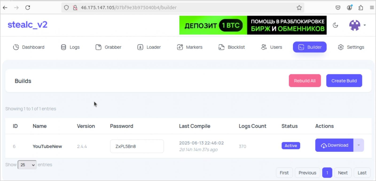 The StealC builder panel